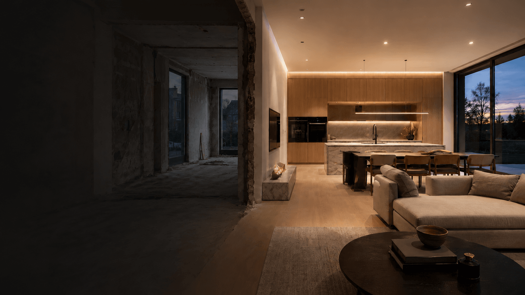Intérieur en rénovation transformé en espace contemporain haut de gamme